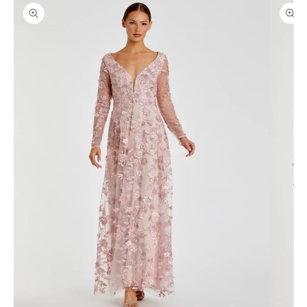 Mac Duggal EMBELLISHED V NECK ILLUSION LONG SLEEVE‎ A LINE GOWN, Rose, Size: 12